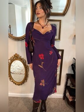 Together Purple Long Sleeve Floral Midi Dress. Size 8